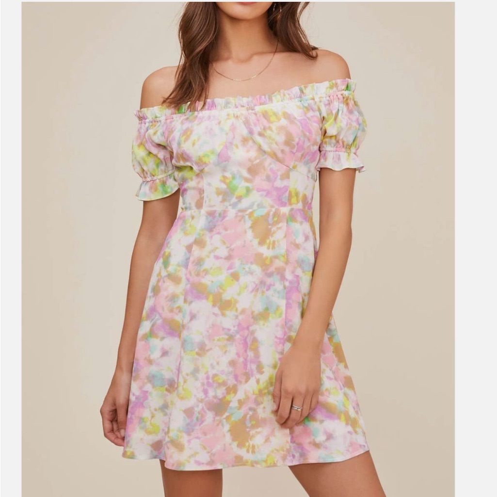 Astr The Label Imagine Tie Dye Off Shoulder Mini Dress Size L